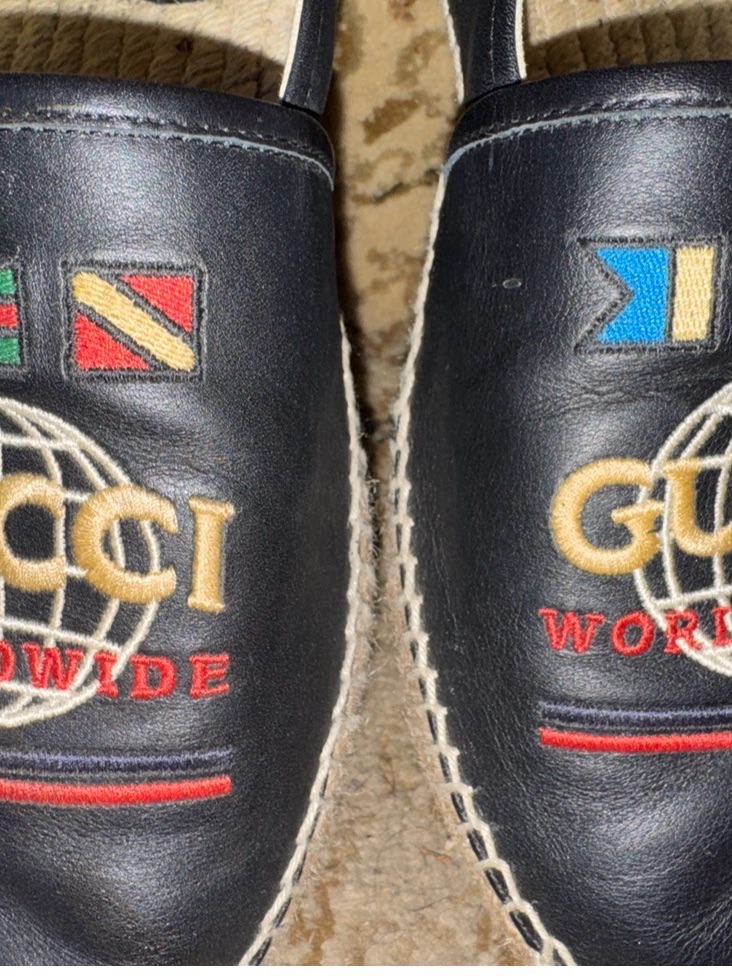 Gucci Black Leather Espadrilles Shoes Embroidered Worldwide Slip-Ons, Size 8